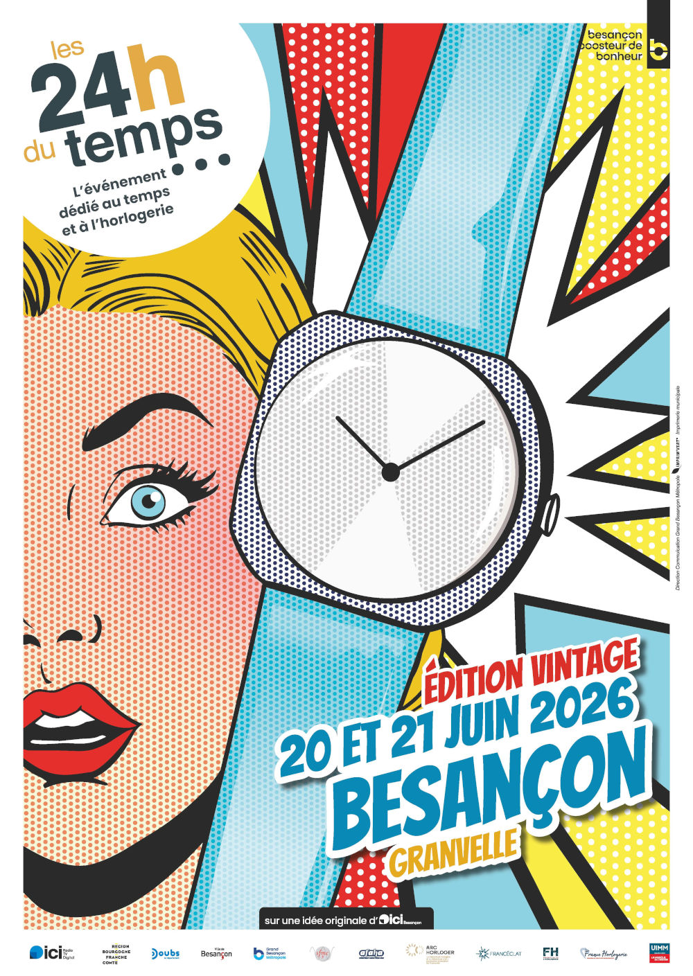 affiche 2026 mettant à l'honneur un personnage féminin et une montre dans un style BD