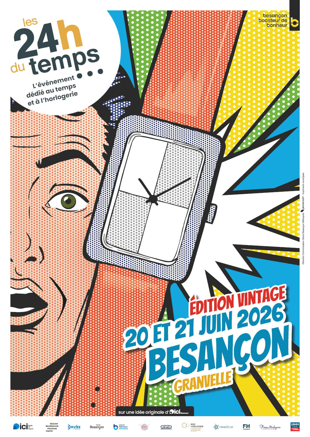 affiche 2026 mettant à l'honneur un personnage masculin et une montre dans un style BD